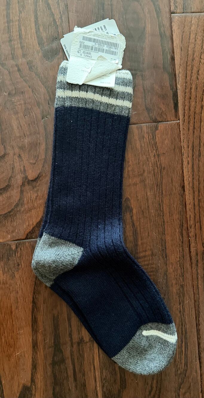 $490 NWT Brunello Cucinelli Navy Gray Cotton Blend Striped Logo Crew Socks S